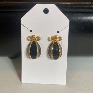 Joan Rivers black enamel with gold eggs with bows pierced earrings